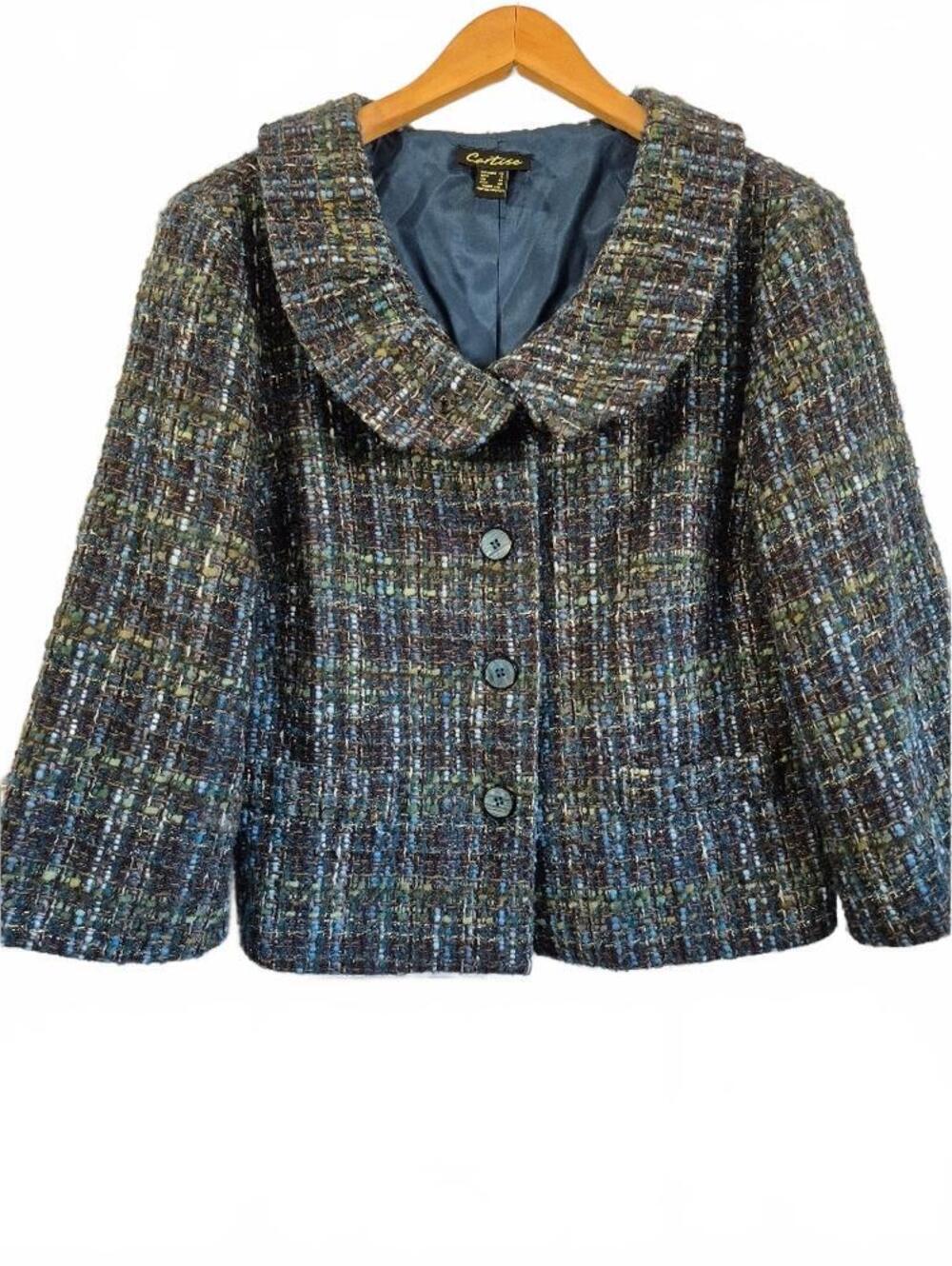 Cartise Women’s Blue Green Gold Tweed Cropped Blazer 3/4 Sleeve Wool Blend Size